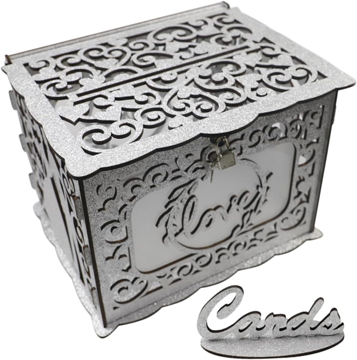 Wooden Hollow Greeting Card Box with Glitter Card Container for Wedding Birthday and Valentine’s Day for Party Sign-in and Envelope Collection