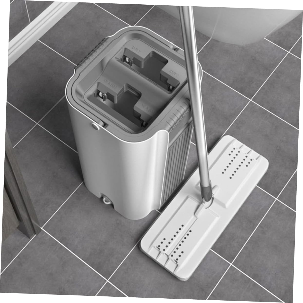 Fregona Doméstica sin Lavado Manual Mango Integrado Plata | Microfibra y Acero Inoxidable, Limpieza sin Rincones Muertos, Base Antideslizante, 1 Juego Paño de Repuesto