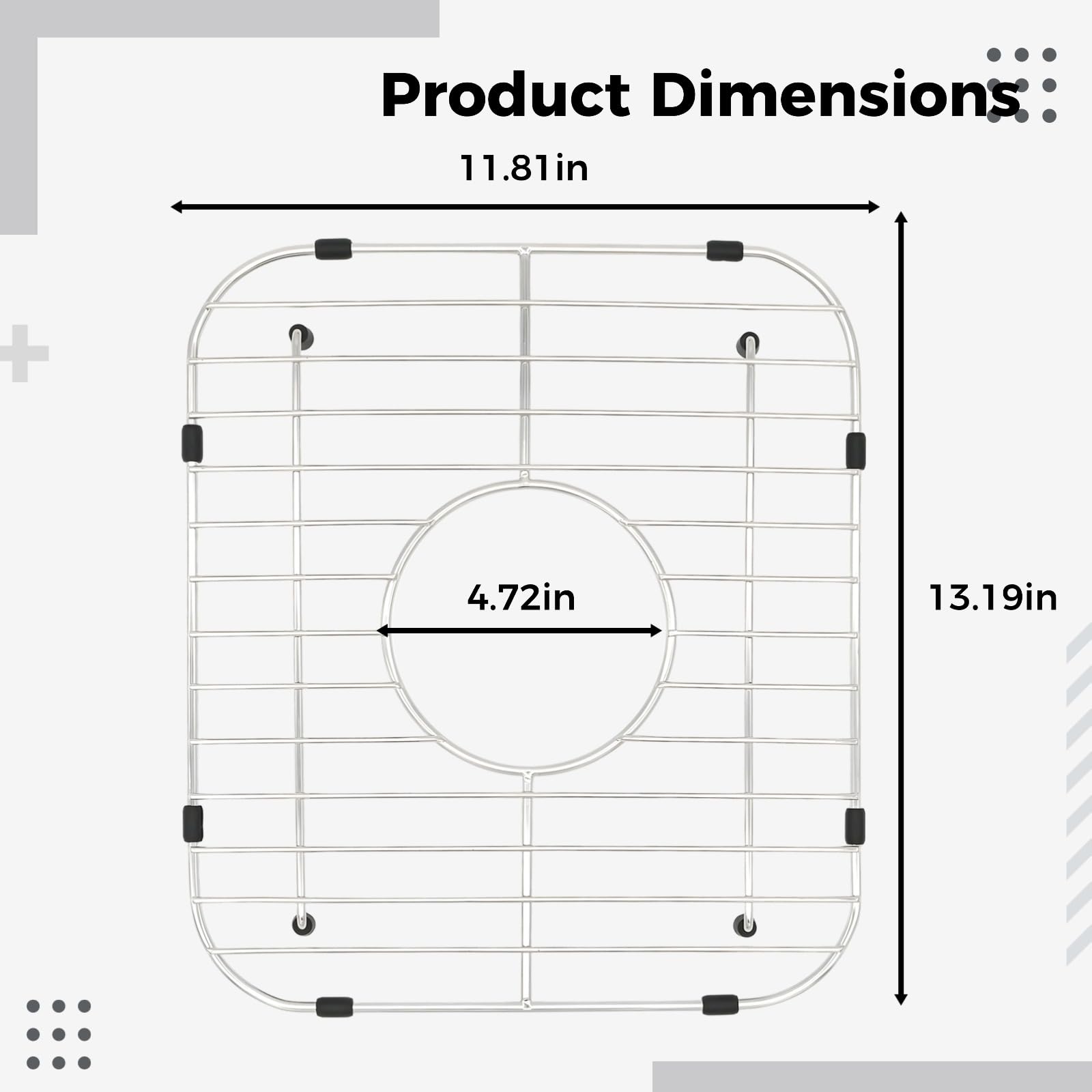 Rejilla protectora de fregadero de acero inoxidable 304, 11.8 x 13.2 in / 30 x 33,5 cm, agujero central, estante de fregadero de cocina para armario, no necesita instalación, fácil de limpiar