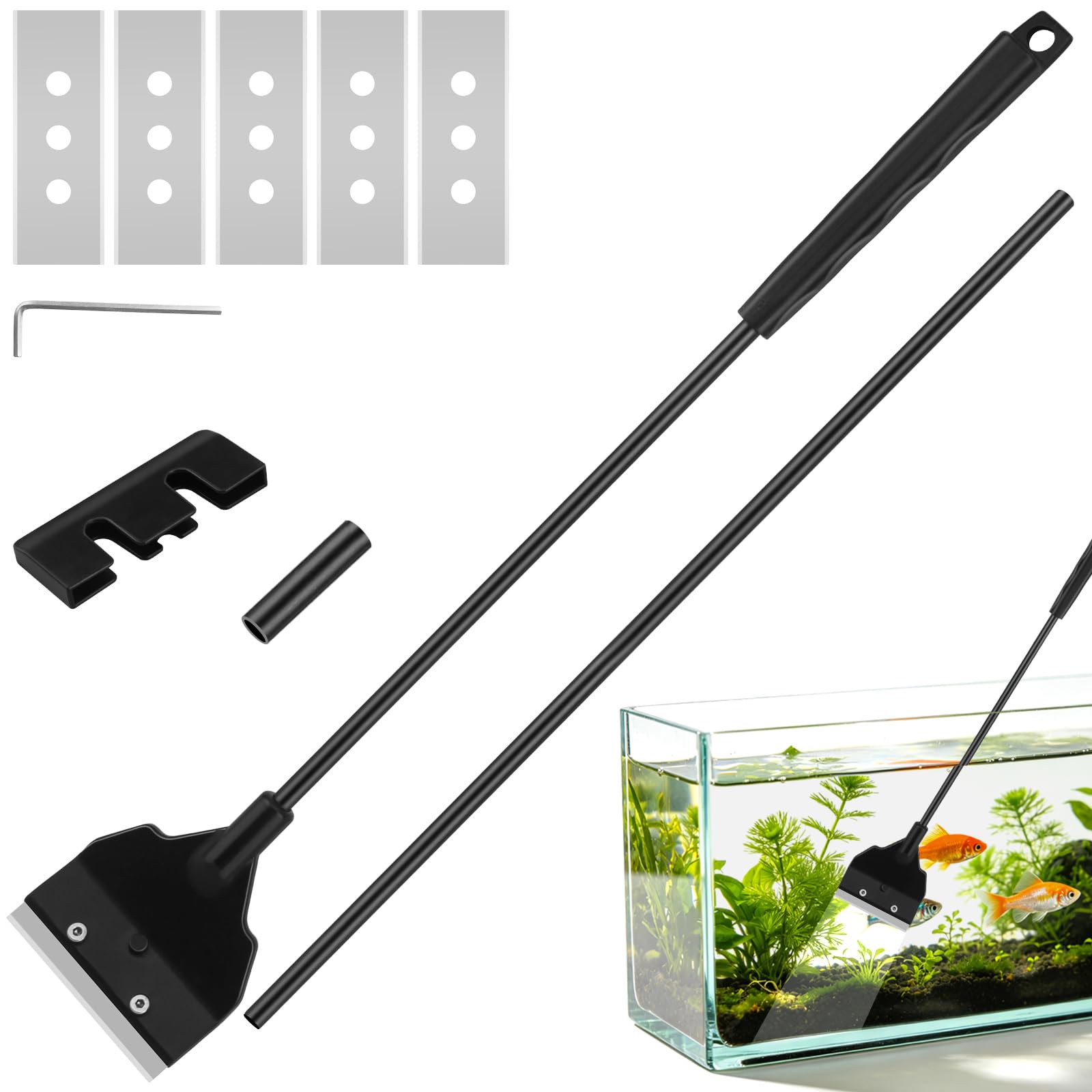 Lunhoo Aquarium Glass Algae Scraper Kit, 65 cm Fish Tank Glass Cleaner Scraper for Algae Removal Aquarium Glass Cleaning and Maintenance with 5 Blades Gravel Scraper and Adjustable Detachable Rod