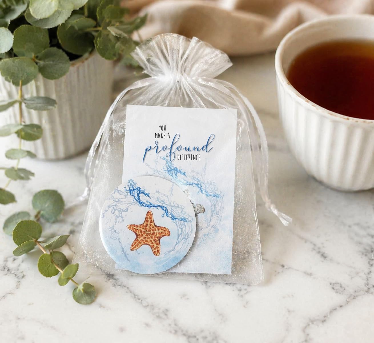 Smiling Wisdom - Bulk 3 Gift Sets - Starfish Story Appreciation Greeting Cards and Matching Tile Gifts - You Make a Profound Difference - Man Woman Teacher Employee - Blue Splash Coasters