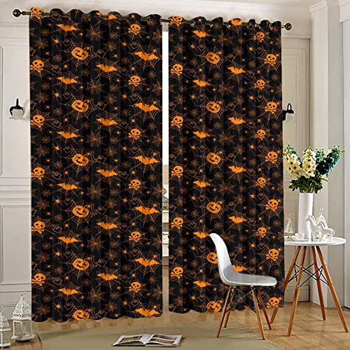 Kazynee Halloween Skull Blackout Curtains For Living Room And Bedroom Spider Web Ghost Pumpkin Window Curtain Black Orange Gradient Grommet Thermal Insulated Drapes For Halloween Party Decor 42X63In #TOP4