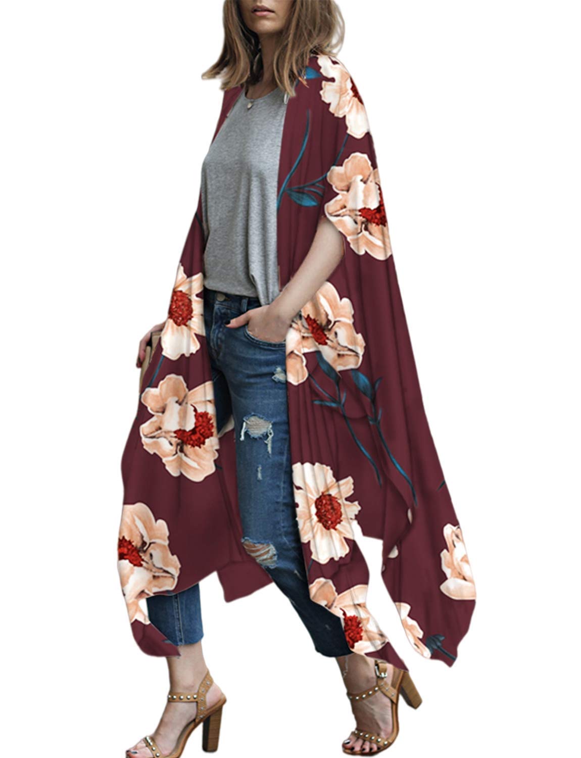 Women's Boho Long Kimono Cardigans Chiffon Casual Open Front Cover Ups Tops