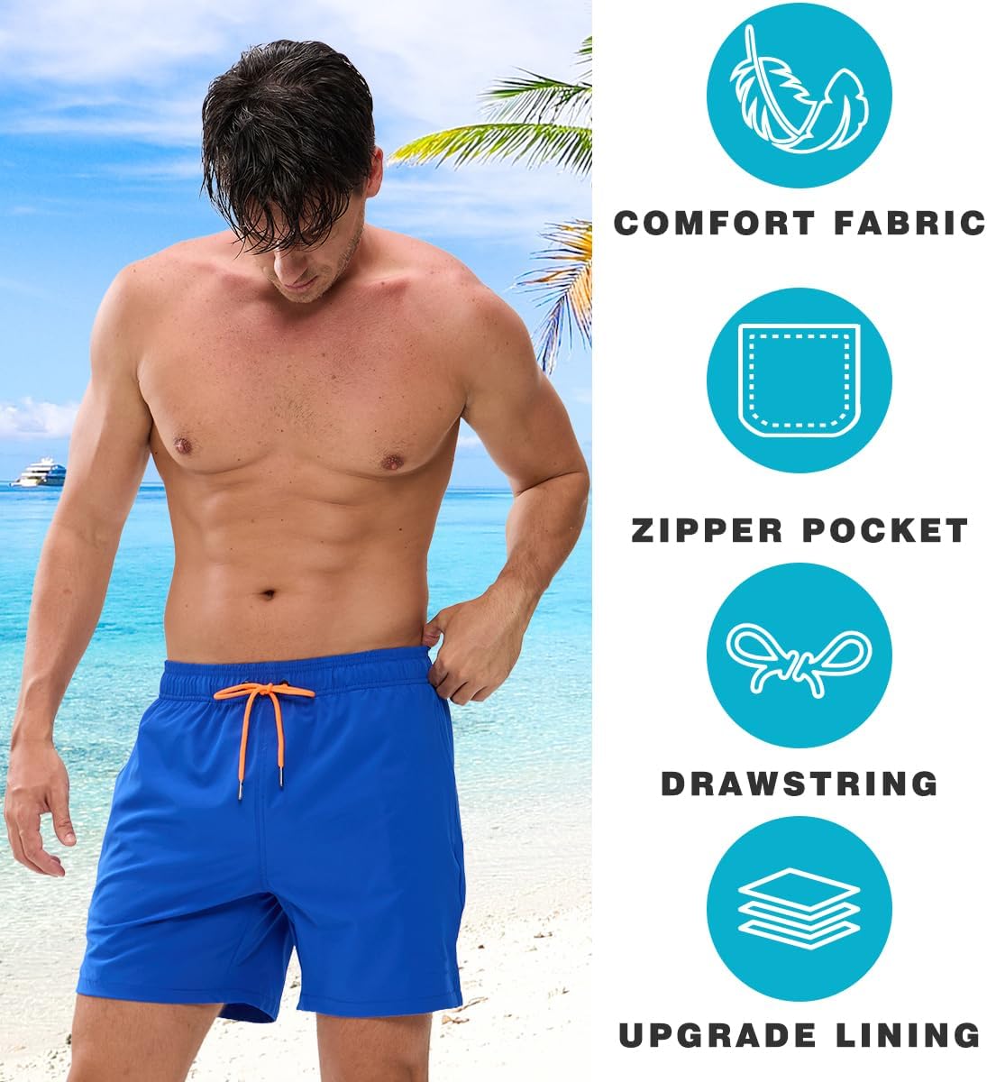 Mens Swim Trunks Compression Liner No Mesh Anti Chafe Swimming Trunks Men Quick Dry Above Knee Zipper Pocket Swim Shorts