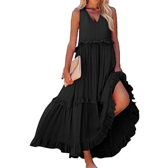 Womens Maxi Dress Sleeveless Sexy Tiered Flowy Summer Tank Dresses Loose Smocked Ruffle Swing Beach Long Sundress