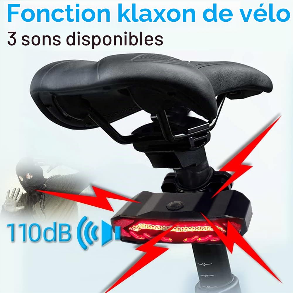 Mengshen Feu Arrière De Vélo Intelligent Rechargeable, Télécommande Antivol Klaxon D'alarme De VéLo avec Clignotants Frein Feu Arrière Automatique Marche/Arrêt étanche