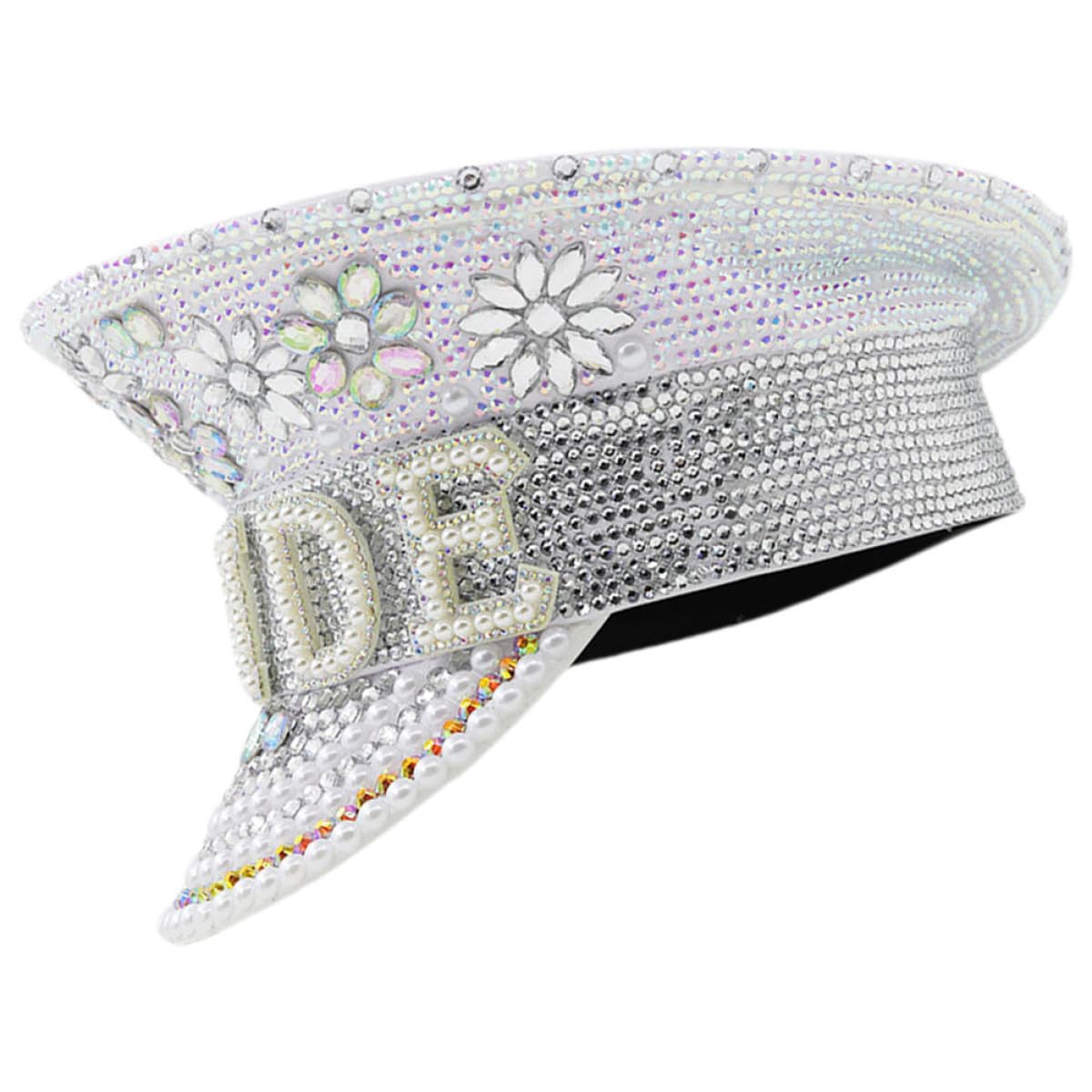 Ciieeo Sombrero de Novia Blanco Gemas de Imitación, Gorra de Capitán Ajustable para Despedida de Soltera y Bodas, Accesorio Elegante para Fiesta y Evento Nupcial