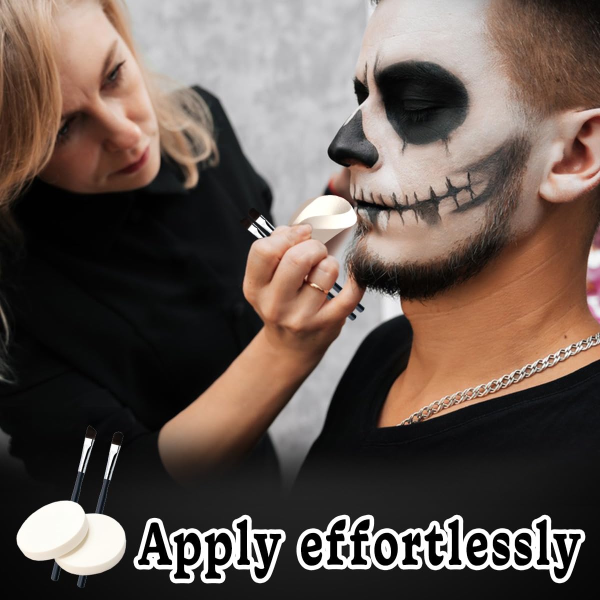 Makijaż na Halloween, 140 g, czarno-biały (70 g na sztukę), z 2 pędzlami + 2 pudrem pudru, farba do twarzy na Halloween, do makijażu teatralnego, szkieletu, zombie, wampira, makijażu karnawałowego