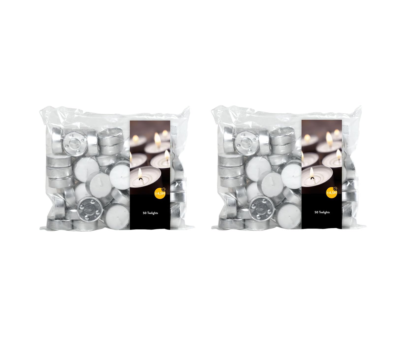 Velas de té (2 paquetes de 50 unidades, 2 bolsas de 100 velas de té), tiempo de combustión: 4,5 horas, sin hollín, para portavelas, vasos de velas, lámparas aromáticas, candelabros y portavelas –