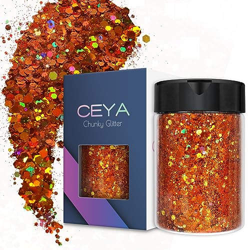 Ceya Holographic Chunky Glitter 4.9oz/ 140g Orange Craft Fall Glitter Powder Mixed Chunky & Fine Flakes Iridescent Sequins for Pumpkin Nail Art Hair Epoxy Resin Tumblers Slime Festival Decor
