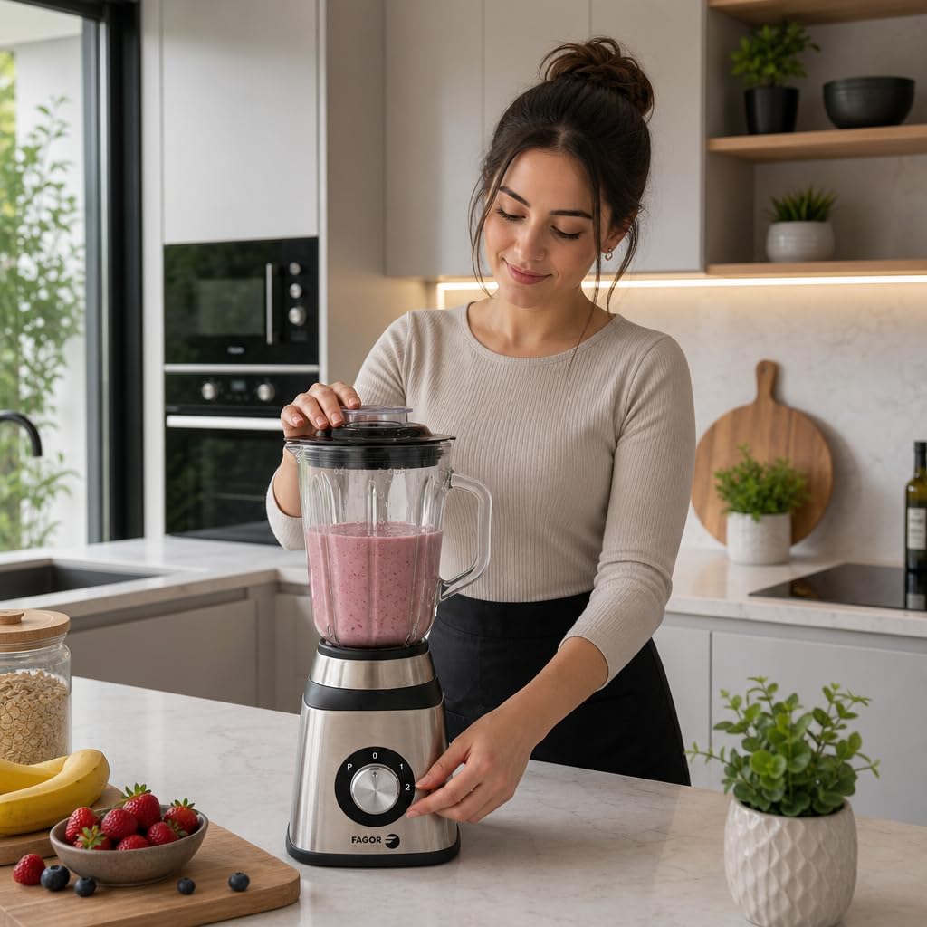 Batidora de Vaso 1,5L con Jarra de Cristal, Batidora Smoothies y Batidos, 2 Velocidades + Pulse, Cuchillas Acero Inoxidable, Blender para Fruta, Cremas y Salsas, Fácil Limpieza, FAGOR Coolmix One.