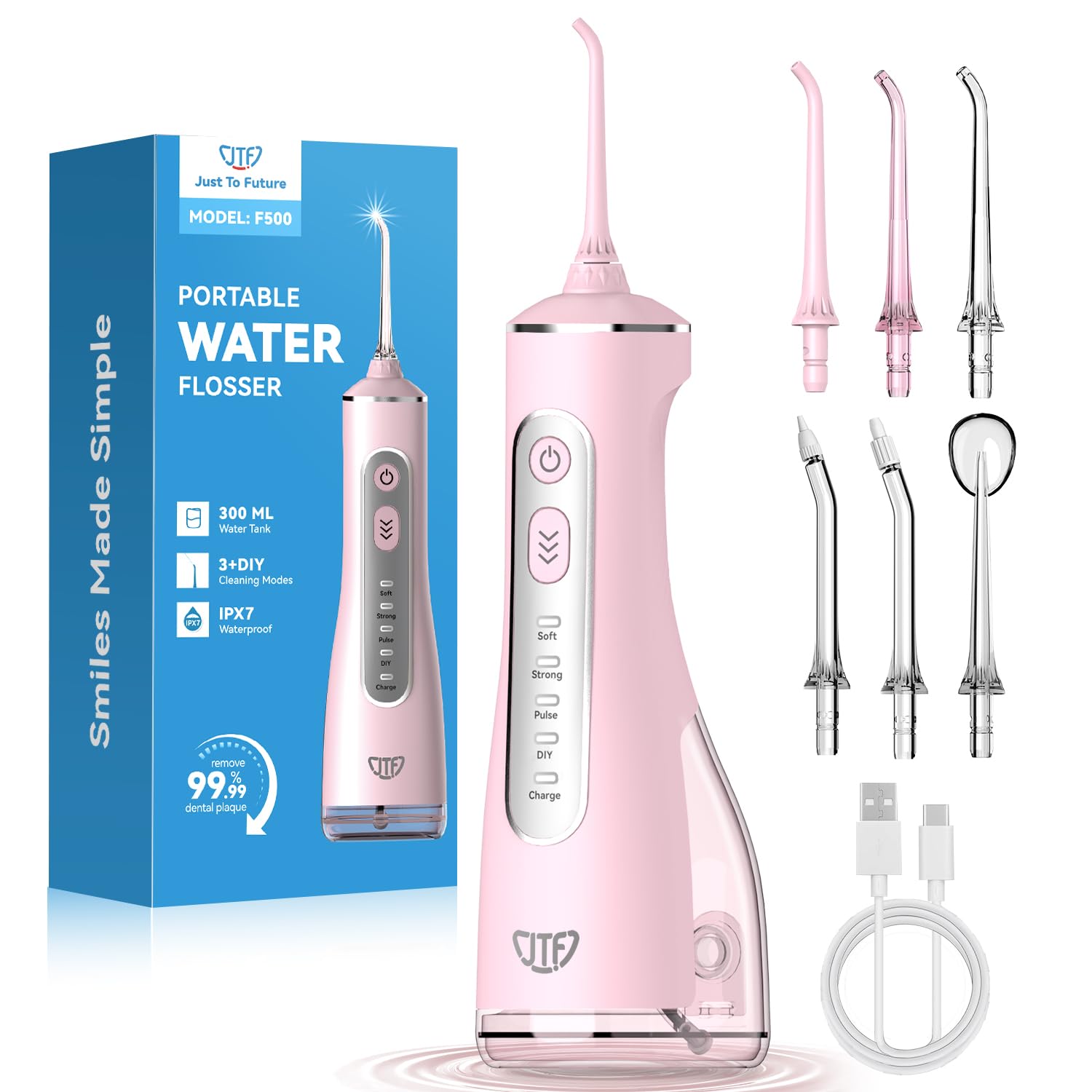 JTF Irrigador Bucal Eléctrico 300ML, 3+1 Modos Irrigador Dental, 6 Boquillas IPX7 Portatil Limpiador Dental para Ortodoncia/Encías Sensibles -Limpieza Dientes de Hogar Entusiastas Salud Ora(Rosa) - 2