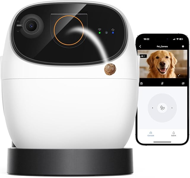 Robot M3 3K Distributeur de traitement de caméra pour animaux de compagnie avec 32ft Découpage à distance pour chiens & Chats – Réduit l'anxiété de séparation, 360° Vue, Caméra de sécurité intérieure avec application téléphonique, Alertes de barking, Pas d'abonnement, 5G WiFi