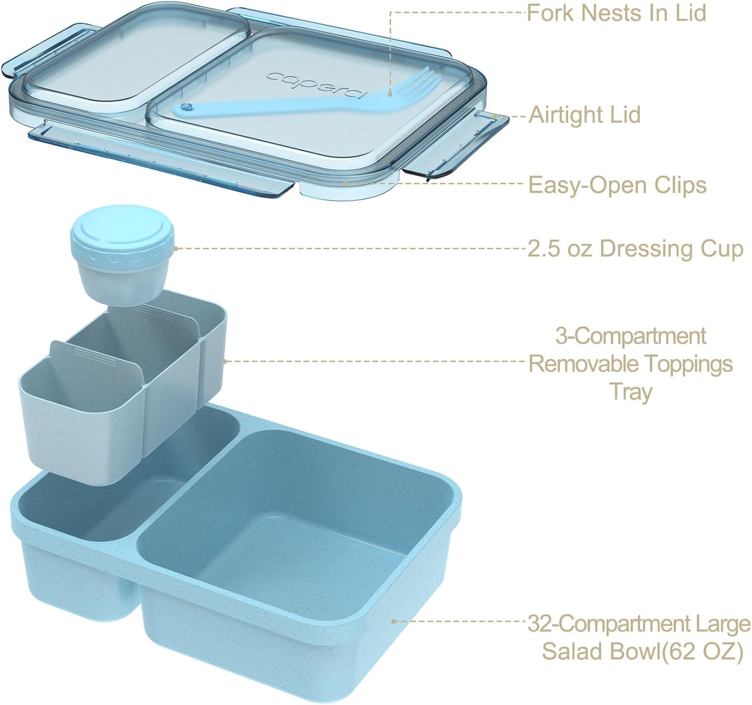 Caperci 2 Pack Salad Container for Lunch - 62 oz Large Bento Lunch Box for Adults, 2-Compartment Meal Prep Container with Removable Toppings Tray, Sauce Cup, Reusable Fork, BPA-Free (Blue & Tofu) - Image 4