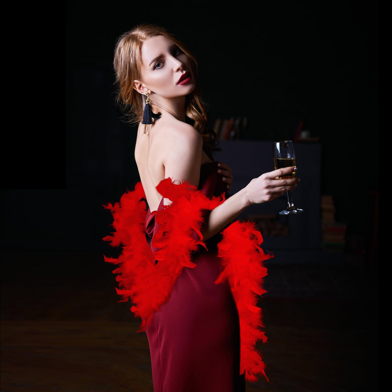 Feather Boas 4 PCS Multipack Feather Boa for Women 6.6ft/2M Feather Scarf Fancy Dress Fluffy Feather Boa with Heart Rimless Sunglasses for Wedding Dancing Party Halloween Christmas (Red) - Image 3