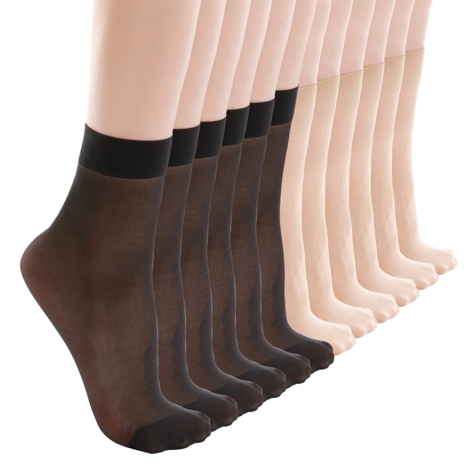Zihua Women's Nude+Black 12 Pairs Nylon Pop Socks For Ankle High, 15 Denier Reinforced Toes Sheer Socks Gift Package (Nude+Black)