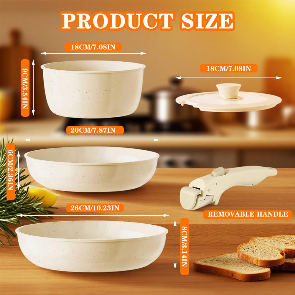 Keramik Pfannenset mit Abnehmbaren Griff, Topfset Pfannenset, Keramiks Kochen Set 5-Teilig, Antihaft Keramik Topfset, Topf 18cm, 20/26 cm Antihaft Beschichtete Pfanne, für Induktion, Ofenfest
