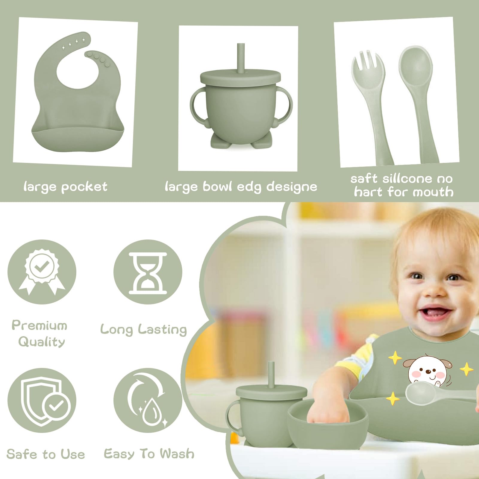 Vajilla Bebe Silicona, 12 Piezas Juegos de Vajilla Bebe Antideslizante con Platos Cuenco Babero Cuchara Bebe Taza, Cubiertos Bebe, Baby Led Weaning, Sin BPA, Cubiertos Infantiles (Verde)