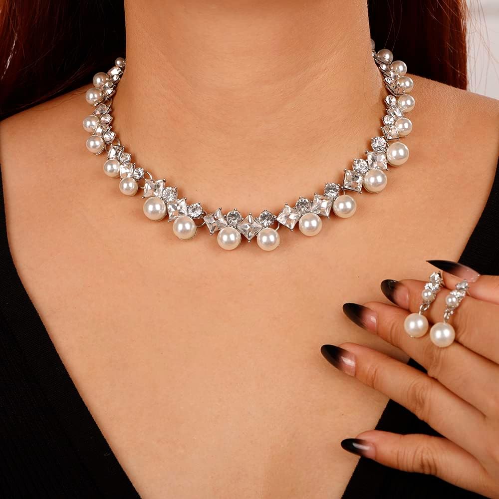 JWICOS Bride Silver Necklace Earrings Set Pearl Bridal Wedding Set Rhinestone Choker Necklace for Women Prom - Image 4