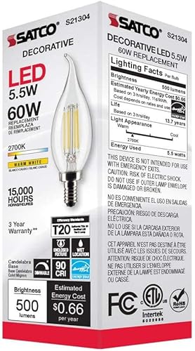 Miniatura 8 de Satco S21304 5.5CA10/LED/927/CL/120V/E12-paquete de 6