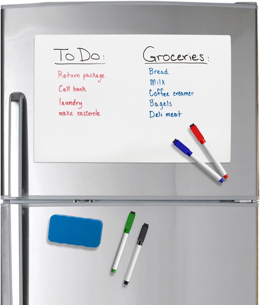 Refridge Reminder Magnetic Dry Erase Whiteboard 17 X 11 Sheet for Refrigerator with Stain Resistant Technology. Set of 4 Magnetic Markers and a Big Magnetic Eraser. Ships Flat, Never Rolled!!