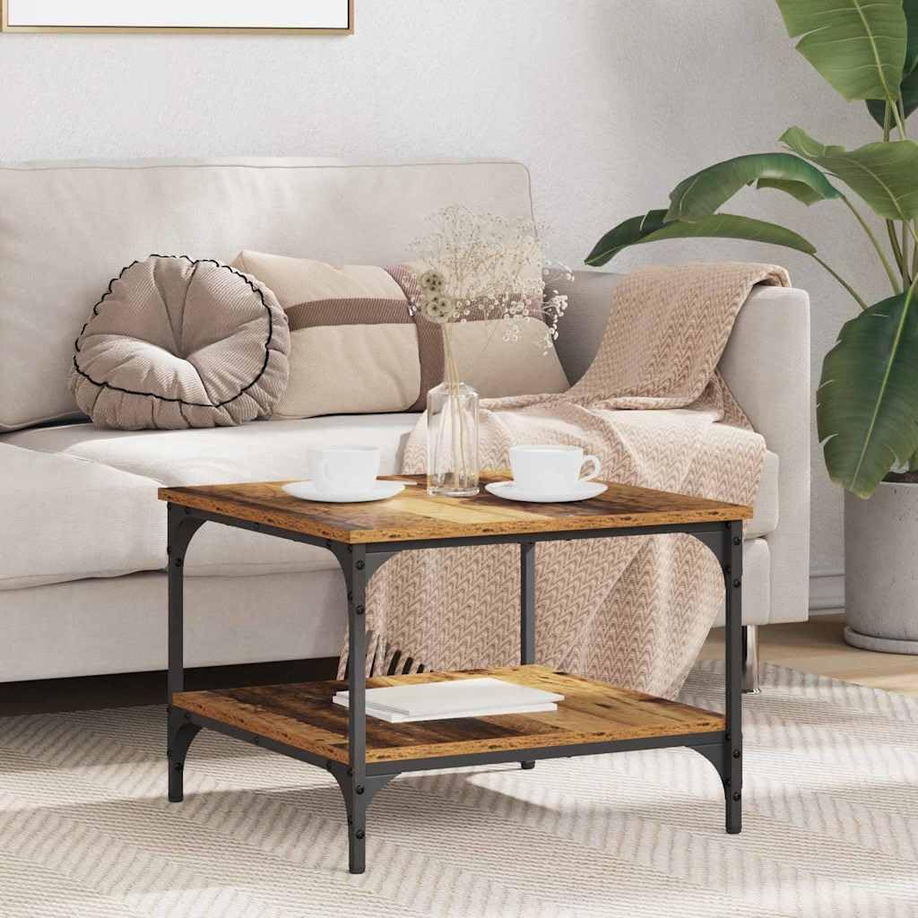 Generisch Mesa de centro con estantes de estilo industrial rectangular de madera y marco de hierro, 55 x 55 x 40 cm, superficie mate, estable y duradera para sala de estar