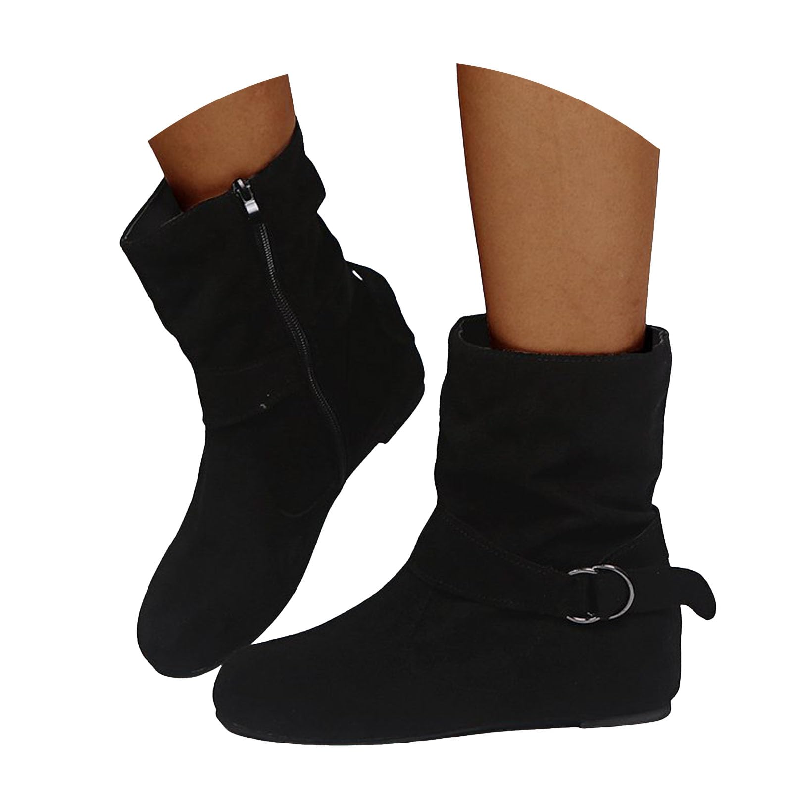 Mid Calf Boots for Women Wide Calf 2025 Slip On Casual Slouchy Ankle Booties with Side Zipper Buckle