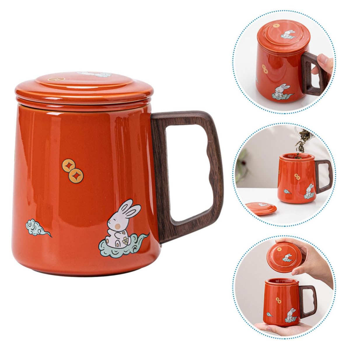 Taza de Té con Infusor y Tapa de Cerámica 400ml Roja | Mango Cómodo, Base Plana, Superficie Lisa, Madera en Detalles, para Flor y Agua