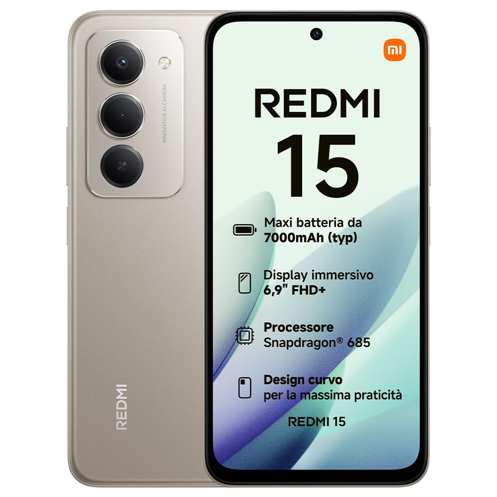 XIAOMI Redmi 15, Smartphone 8+256GB, DotDisplay FHD+ 144Hz da 6,9", Snapdragon 685, doppia fotocamera AI da 50MP, Batteria da 7000mAh, Garanzia di 2 anni, Grigio Titanio, Caricabatterie non incluso