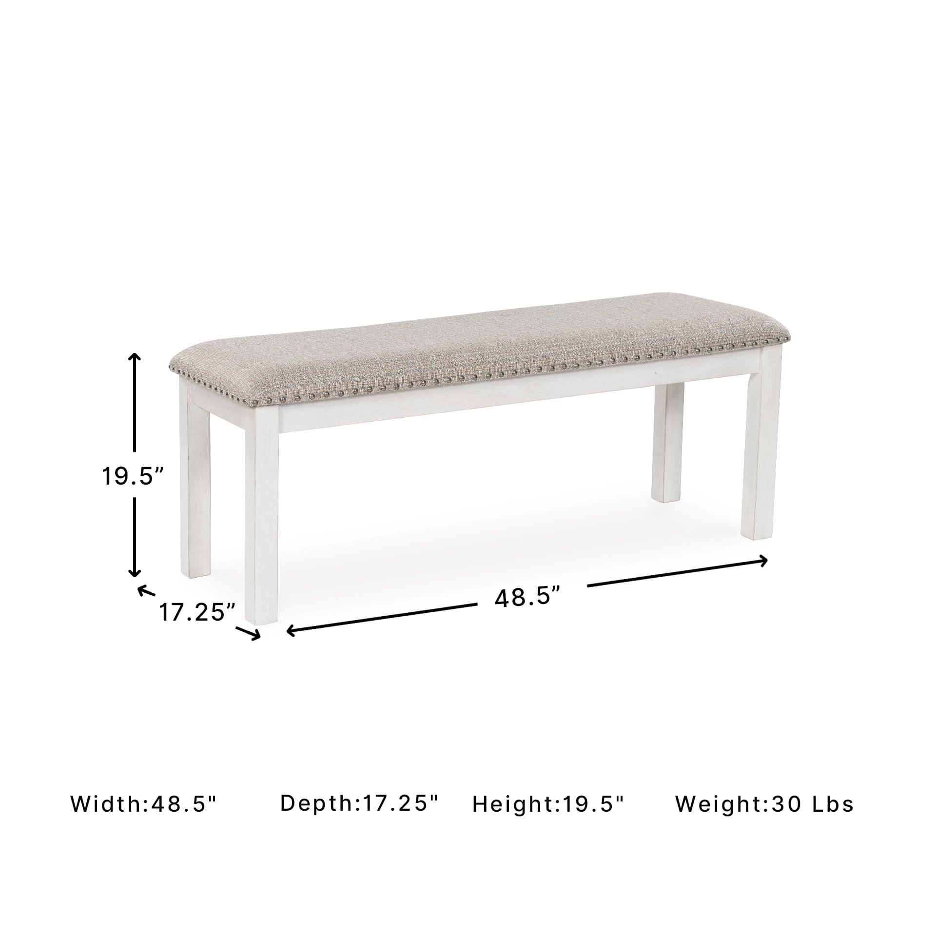 Signature Design by Ashley 48" Upholstered Dining Bench, Antique White | Solid wood frame with textured grain, Light gray polyester upholstered seat with nailhead trim, Seats 2, Robbinsdale