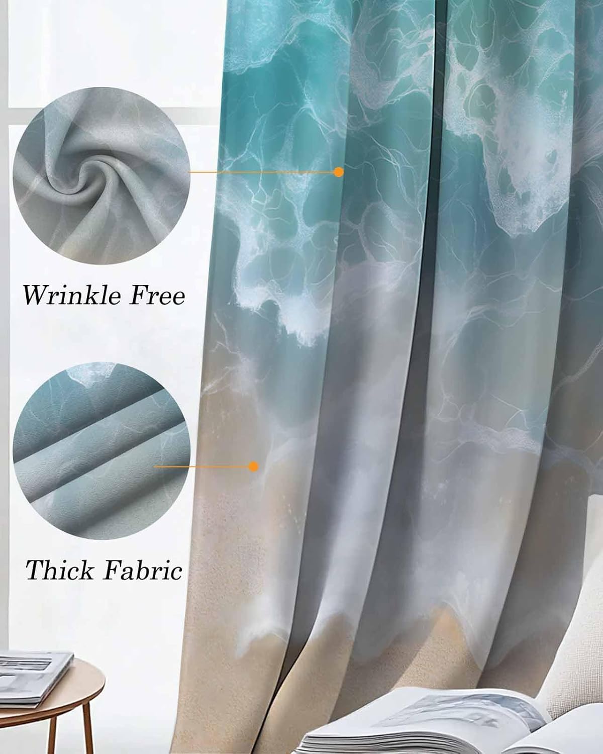 Turquoise Summer Beach Blackout Curtain 39 Inch Length 2 Panels Set, Coastal Water Ripple Two-Layer Sewing Polyester Fiber and White Blackout Curtain with Grommet, 27.5" x 39" x2