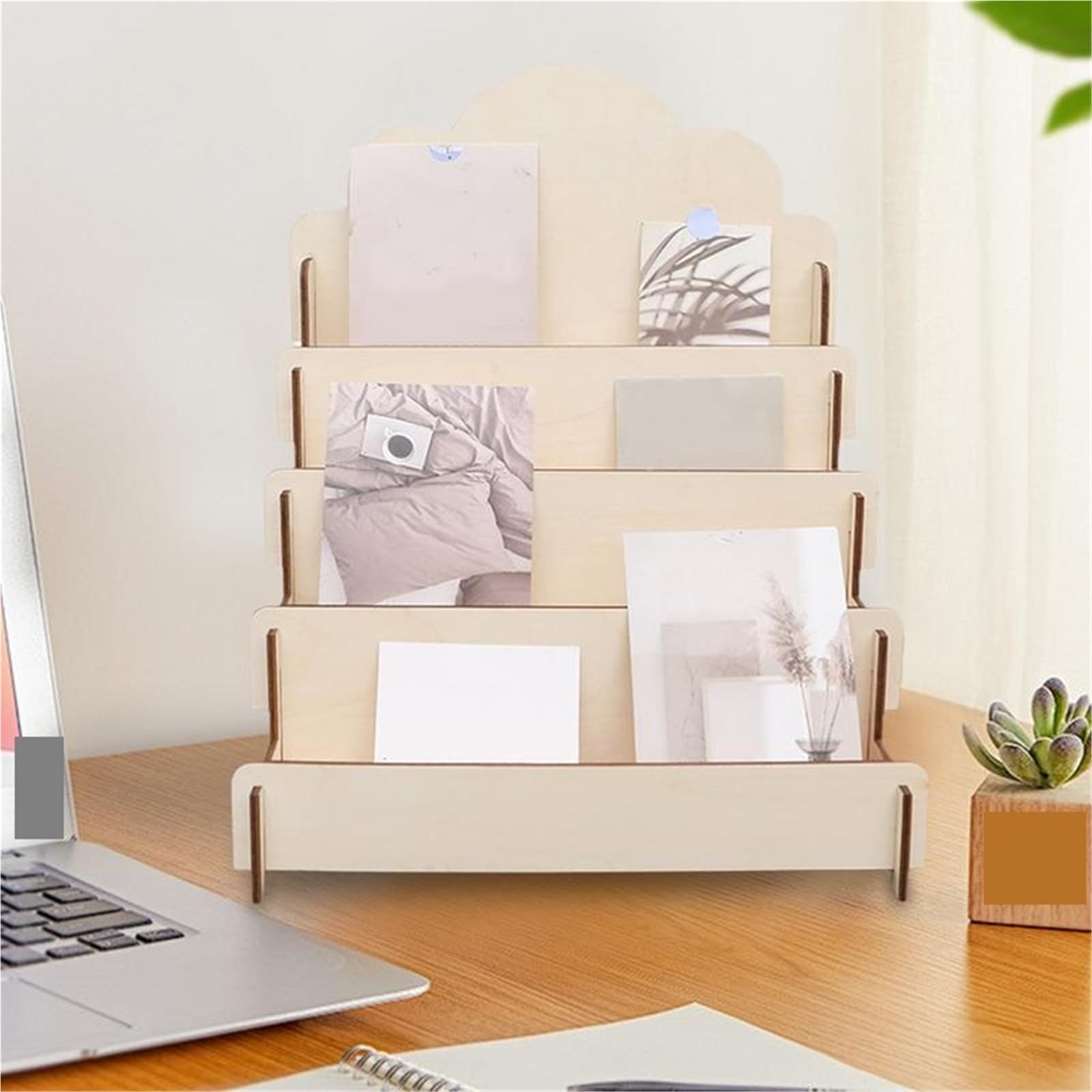 Expositor De Tarjetas De Felicitación Soporte de exhibición de tarjetas de madera de 4 capas, estante de exhibición de pegatinas de madera, caballete de exhibición funcional for tarjetas de felicitaci