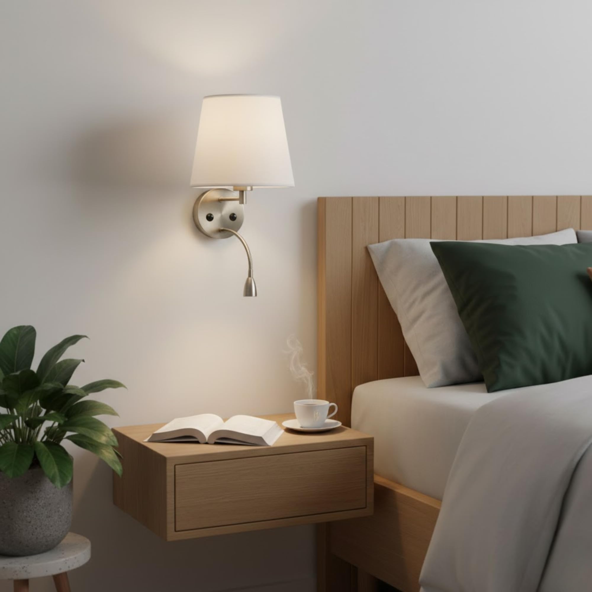 BarcelonaLed - Applique da parete E27 con faretto di lettura orientabile flessibile da 1 W, paralume in tessuto bianco, con 2 interruttore, per camera da letto, testiera del letto, comodino, salotto