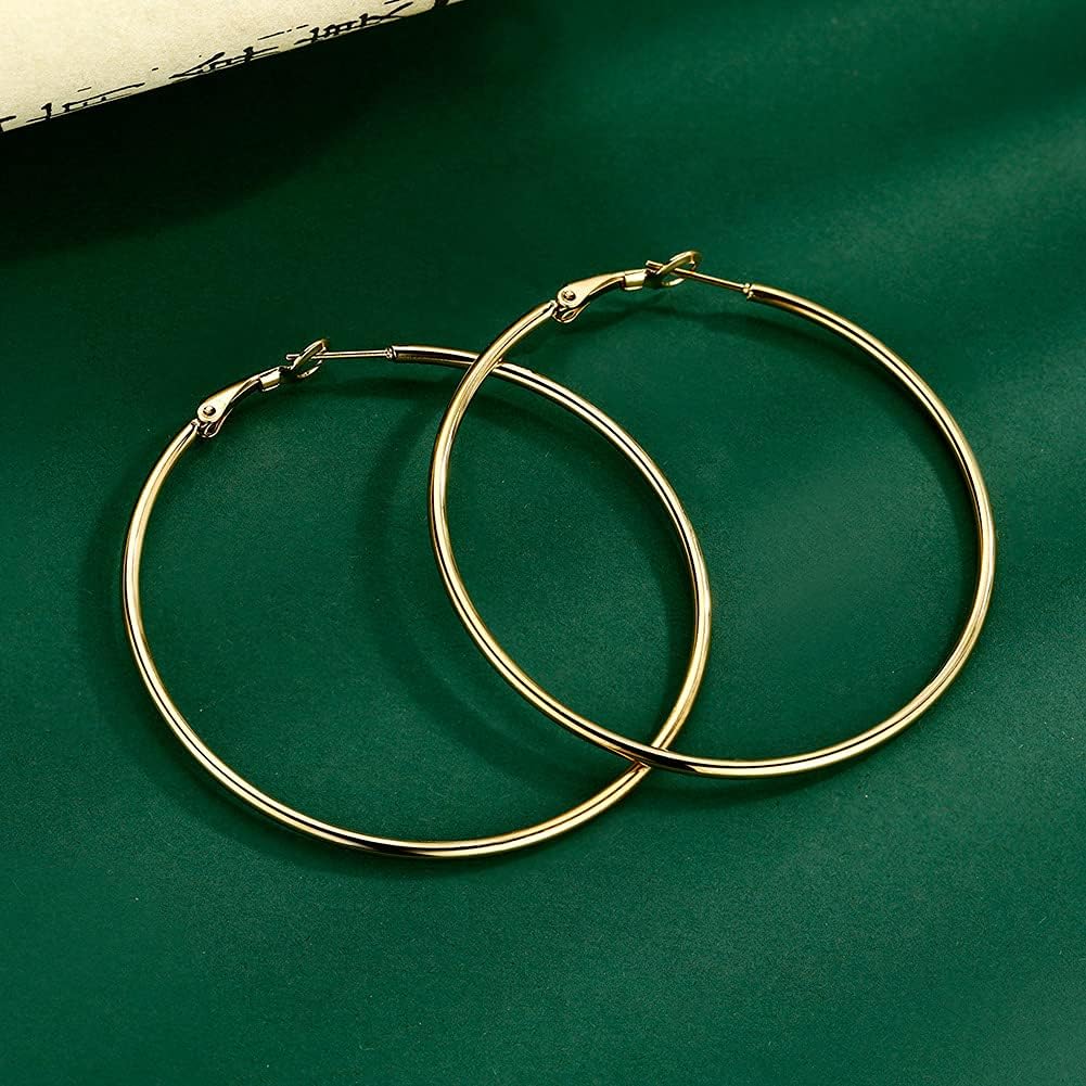4 Pairs Big Hoop Earrings for Women, 316L Stainless Steel Hypoallergenic Hoop Earrings Silver Plated 14K Gold Plated Rose Gold Plated Black Gold Plated Earrings Set