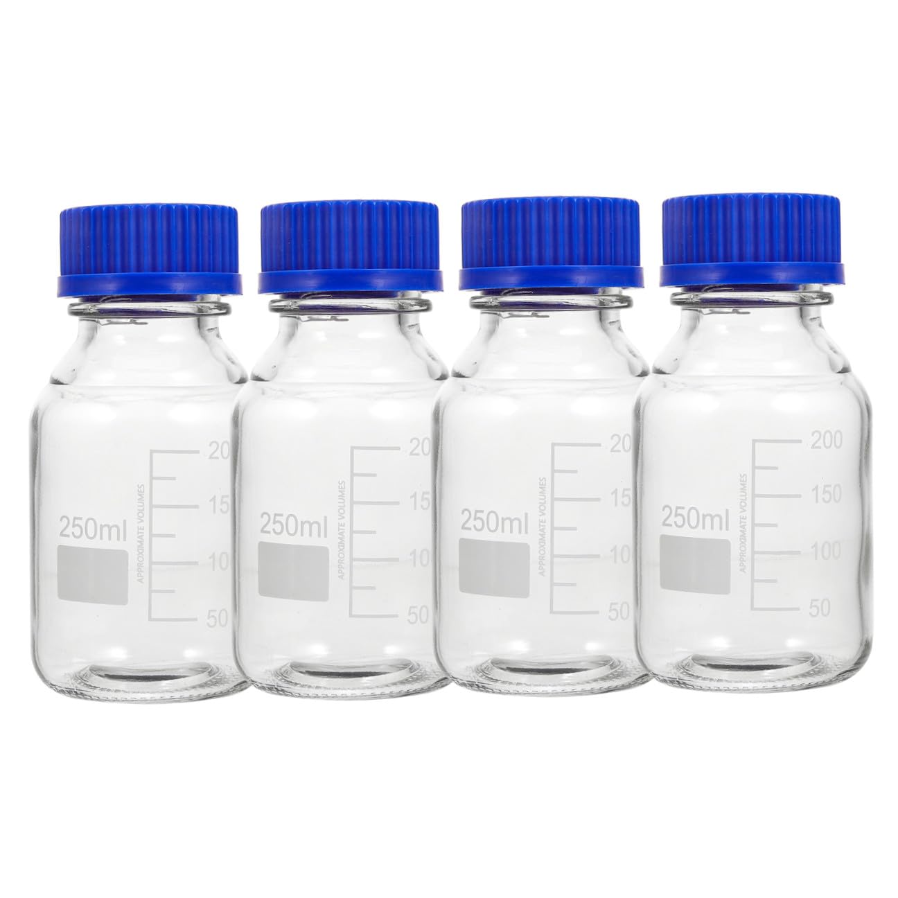 Bottiglie Reagente in Vetro con Tappo a Vite Blu 250ml Set 4 Pezzi Leggere con Buona Tenuta per Laboratorio e Industria Chimica