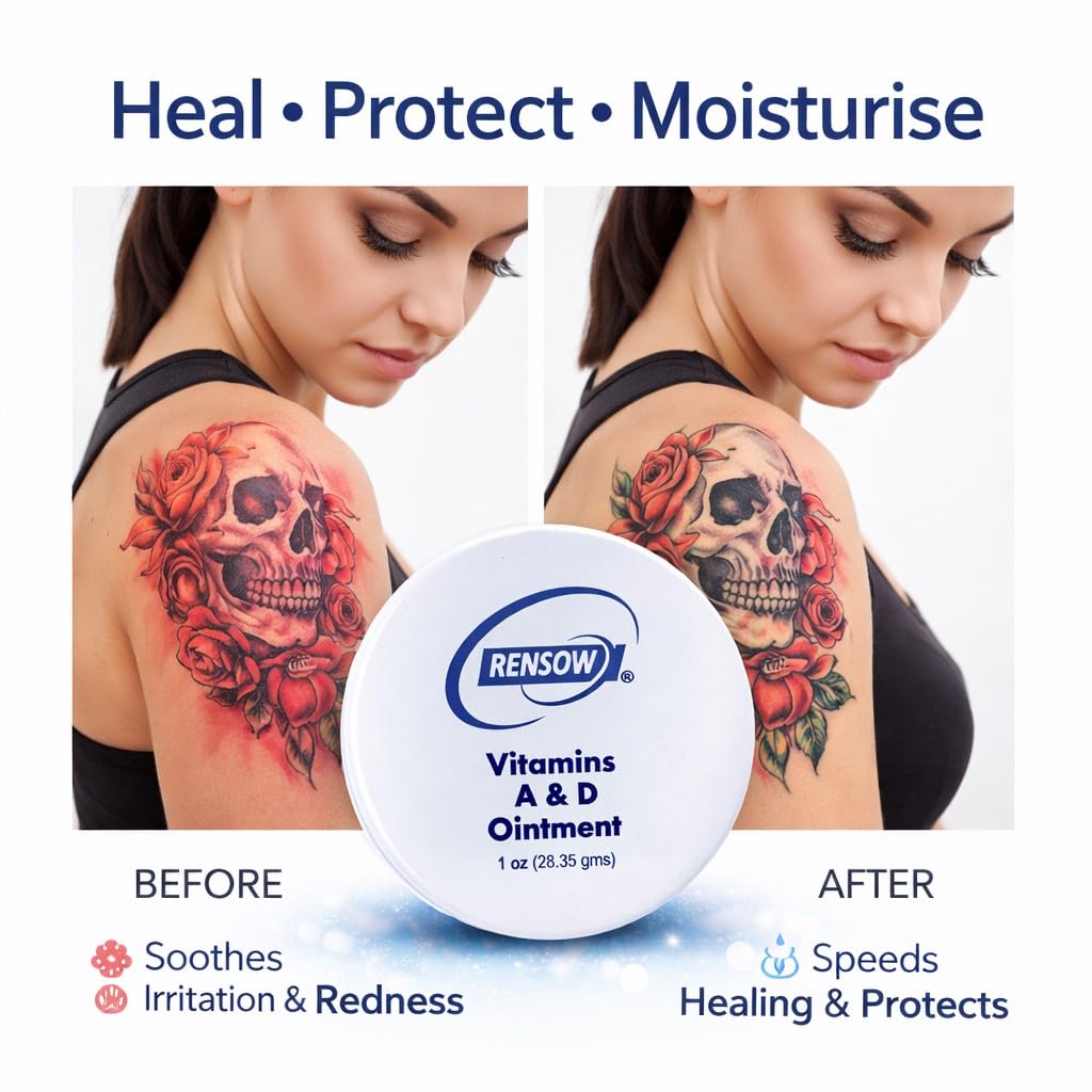 Rensow Vitamin A&D Ointment Tattoo Aftercare Healing Ointment Skin Protection & Recovery Balm Moisturizing Vitamin A & D Cream for Fresh Tattoos Dry Skin & Irritation Relief 1oz 4