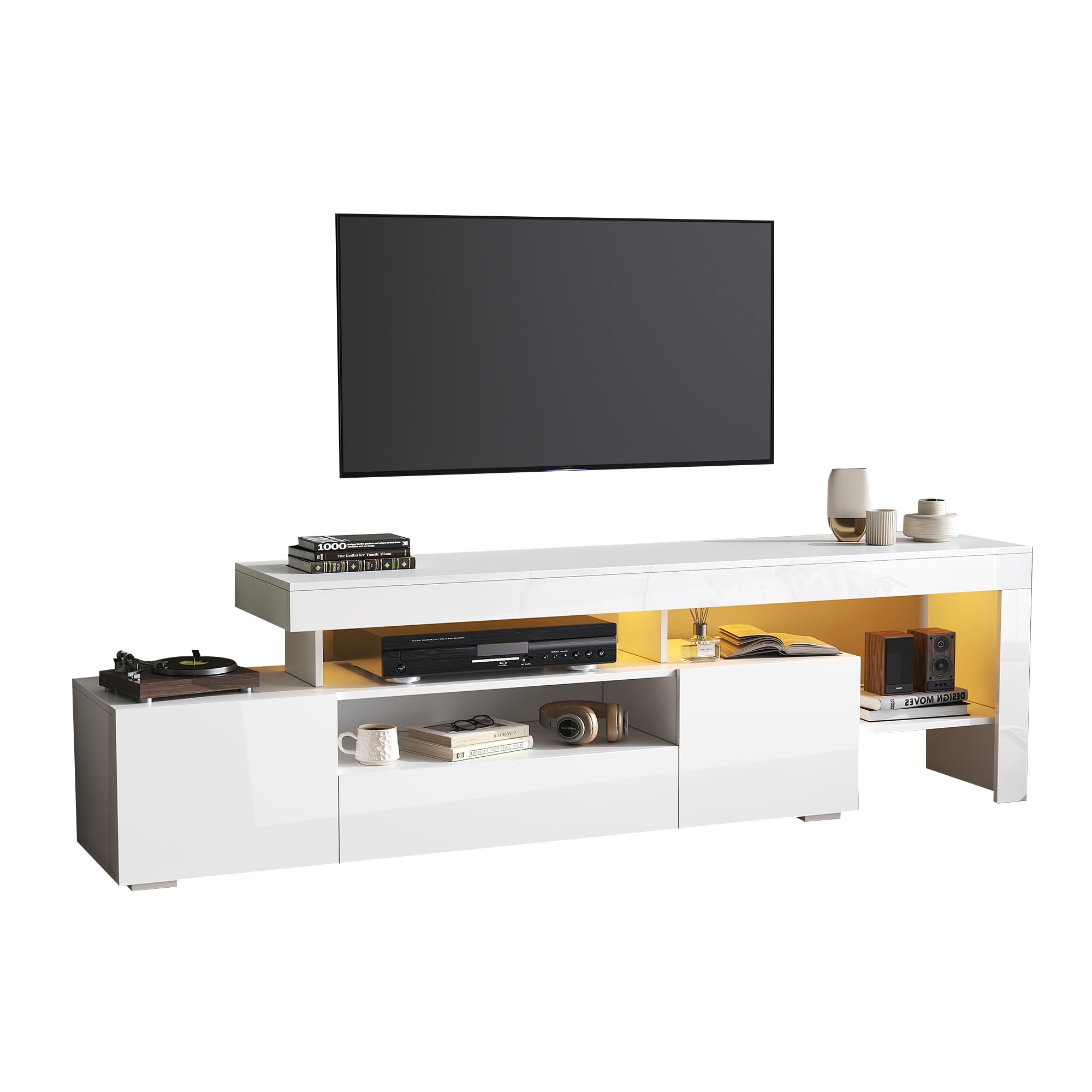 ModernLuxe Mobile Porta TV Bassa 192 * 37 * 53 cm con 3 Ante, con Illuminazione a LED, Tavolo TV Lucidi per 85 Pollici, Mobile Soggiorno Bianco