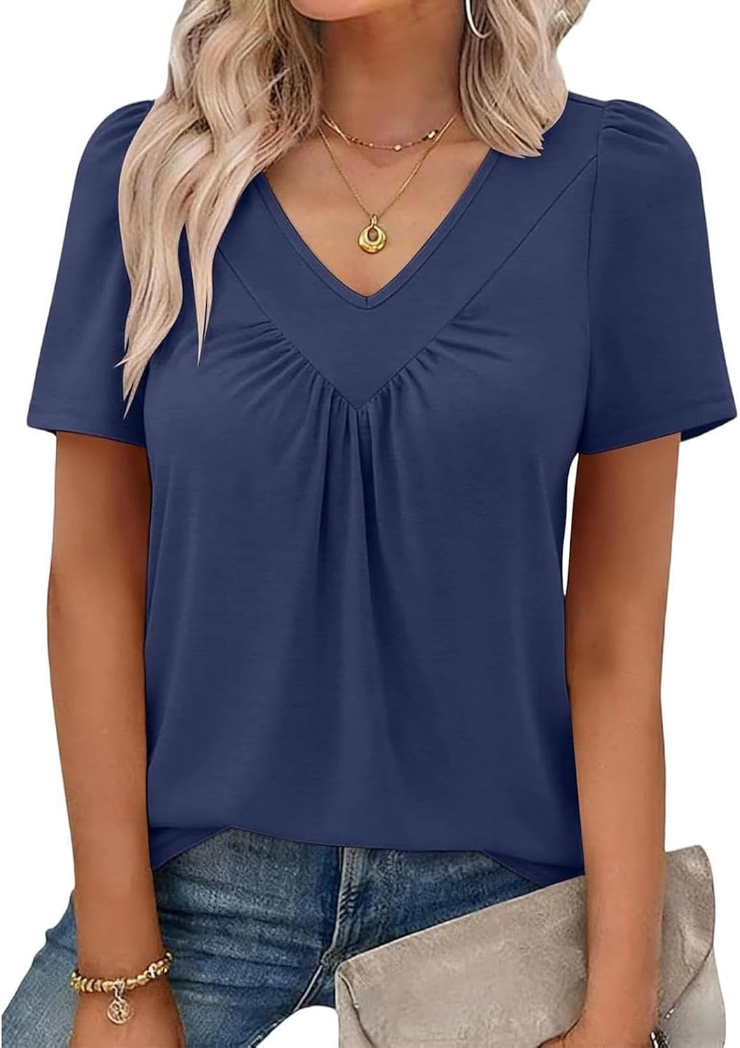 Womens Tops Short Sleeve V Neck T Shirts 2026 Summer Spring Beach Vacation Clothes Casual Loose Ruched Top image 5