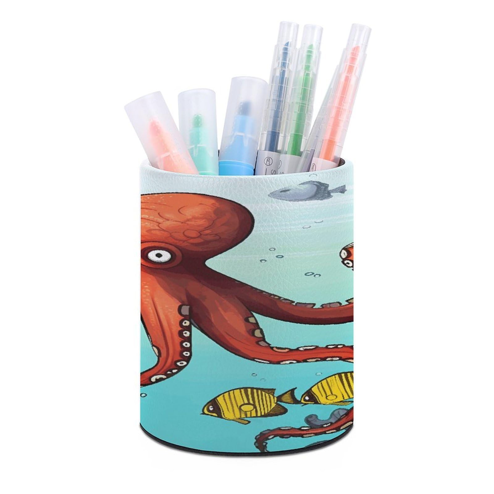 VstaDank Giant Octopus Pen Holder Leather Pencil Cup Round Pencil Holder for Desk Organizer Personalized Pen Cup Fashion Pen Organizer Makeup Brush Holders for Office Home&Gift