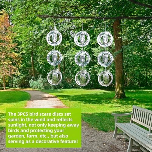 Bird Scare Discs Set, Highly Reflective Bird Reflectors Wind Spinner, Extra Sparkly Owl Wind Spinner Bird Devices to Scare Birds Away from Yards Outdoor Garden Decor, 3 Pcs