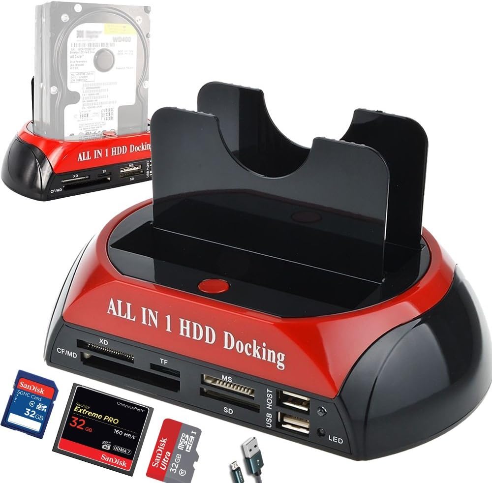 Xingda Hard Drive Docking Station，Dual Slots USB 2.0 to IDE SATA Hard Drive 2.5" 3.5" with SATA I II III HDD Docking Station with Card Reader(No Support The WD IED Hard Drive)