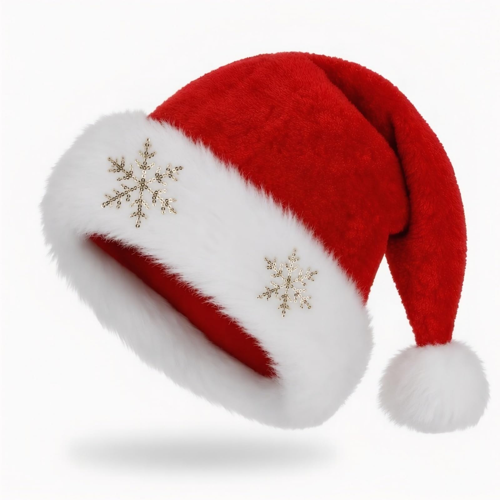 Santa Hat, Christmas Hats Adult, Plush Brim, Snowflake Bronzing Pattern,