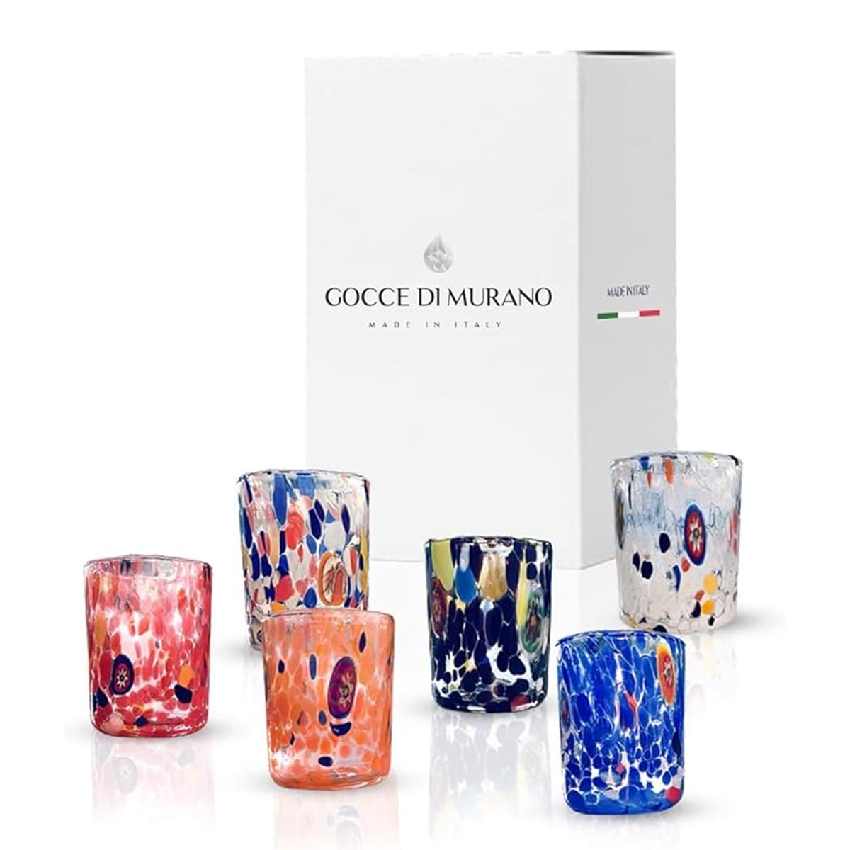 Gocce di Murano Lot de 12 verres à liqueur de pluie arc-en-ciel en verre de Murano soufflé à la main, colorés, élégants et précieux (blanc et noir, 12)
