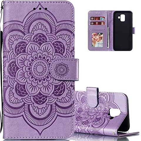 LEECOCO for Galaxy A6 2018 Case Mandala Embossing Luxury PU Leather Flip Wallet Bookstyle Magnetic Stand Card Slot Folio Bumper Protection Cover for Samsung Galaxy A6 2018 Mandala Light Purple LD Cover