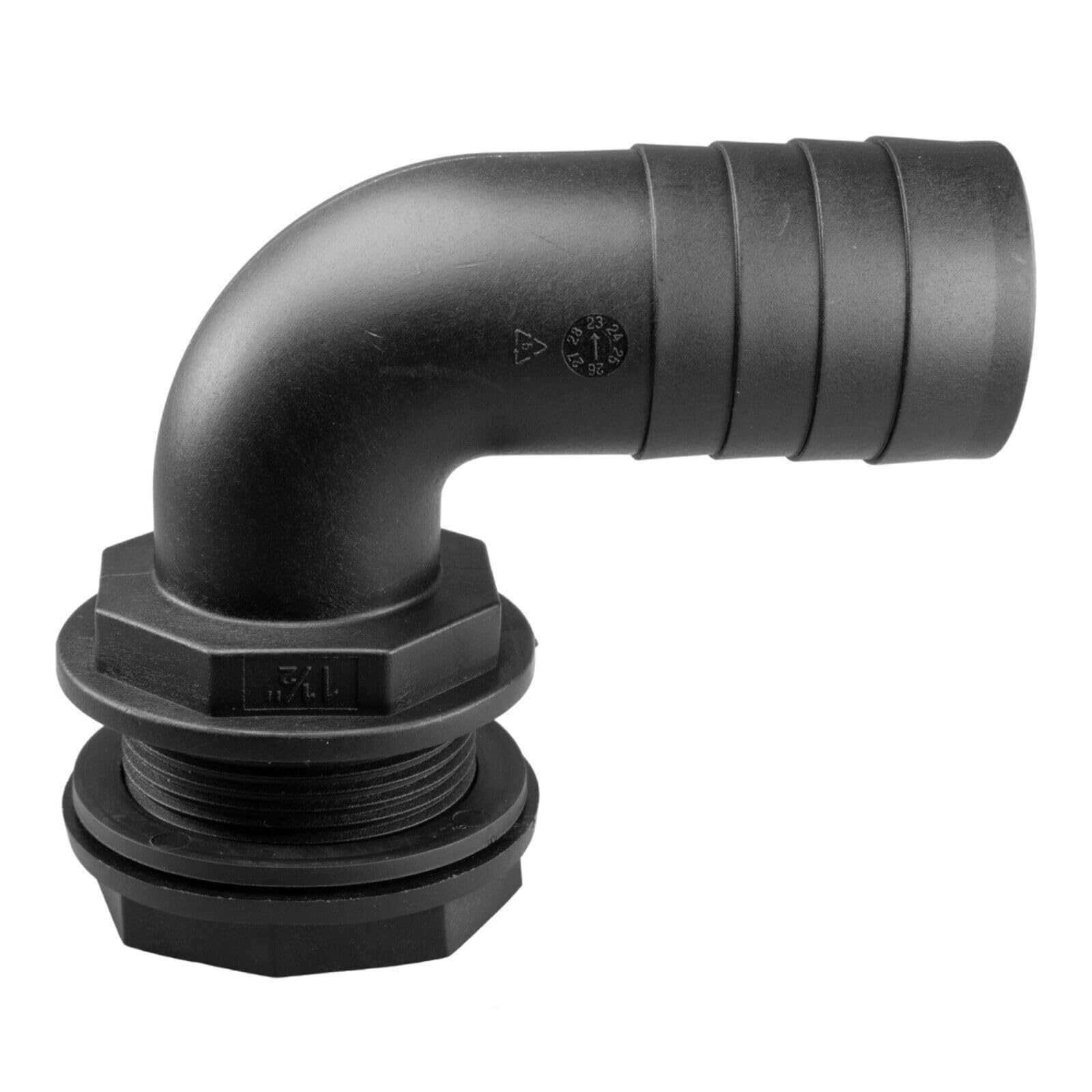 Water Butt Connector Adapter Tank Fitting 1/2" - 2" Barb Straight 90 Pipe Outlet (Elbow, 1.5")