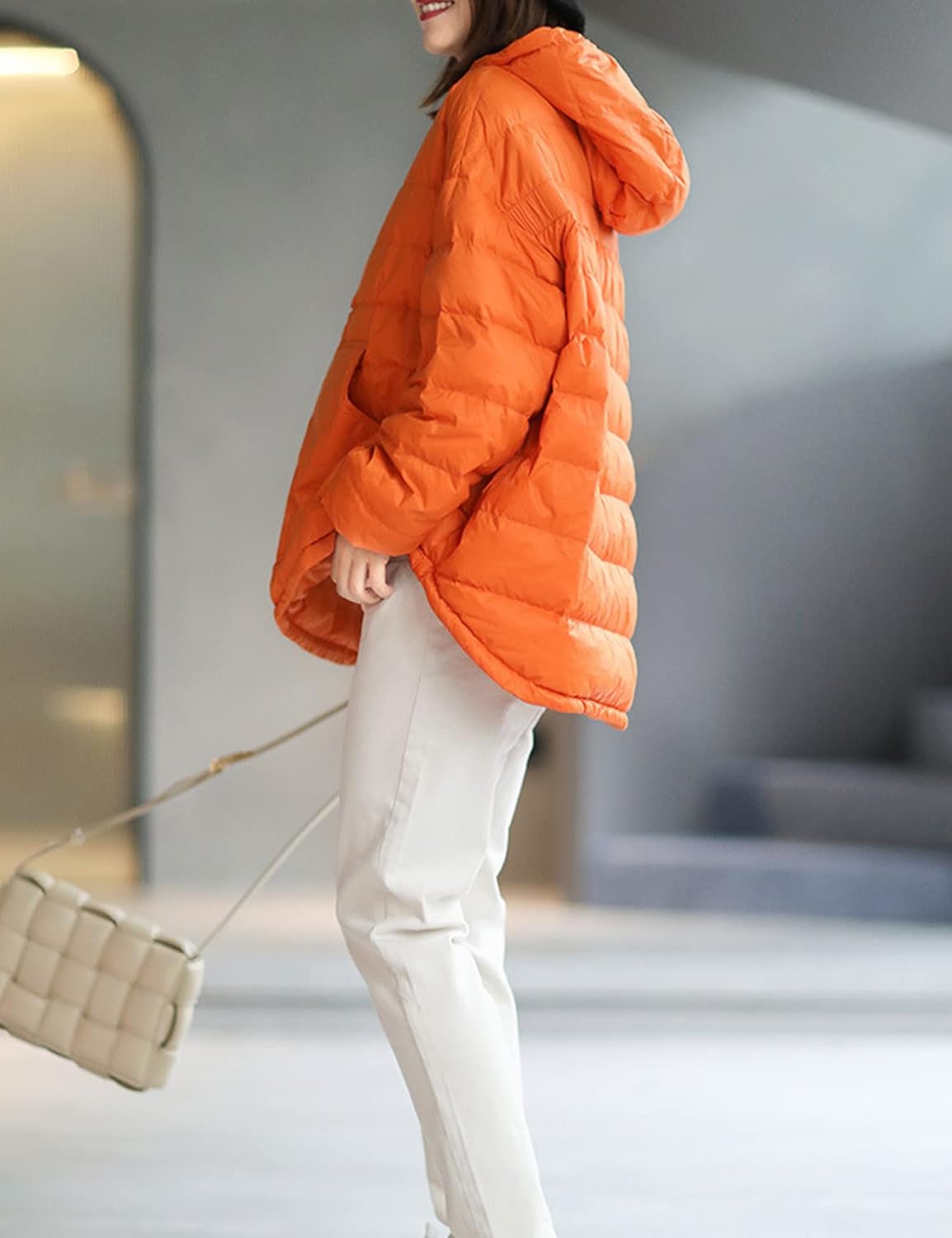 Flygo Womens Oversized Puffer Jacket Lightweight Warm Quilted Dolman Hoodies Puffy Pullover Tops (Orange-XL)