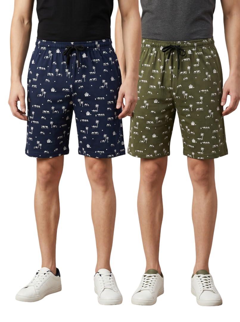 Mens Blk-Blue Printed Cotton Camel Shorts Combo (Pack of 2) | Comfortable Casual & Loungewear | Soft Breathable Lounge & Sleepwear Shorts with Drawstring & Pockets-picture-41