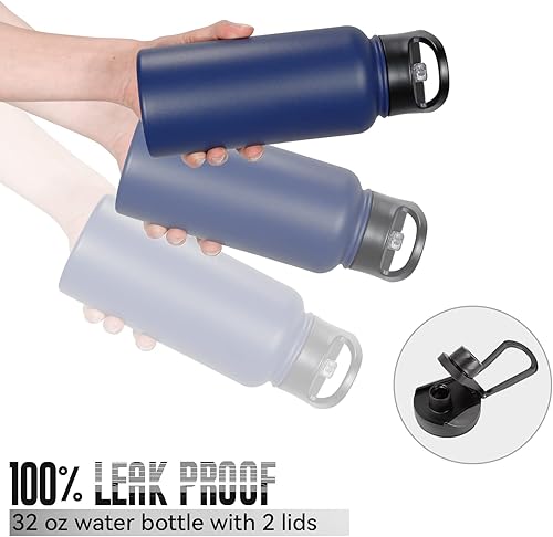Miniatura 5 de Paquete de 4 botellas de agua aisladas de 32 onzas, botellas de agua deportivas de acero inoxidable con tapa con popote y tapas de boca ancha, vacío