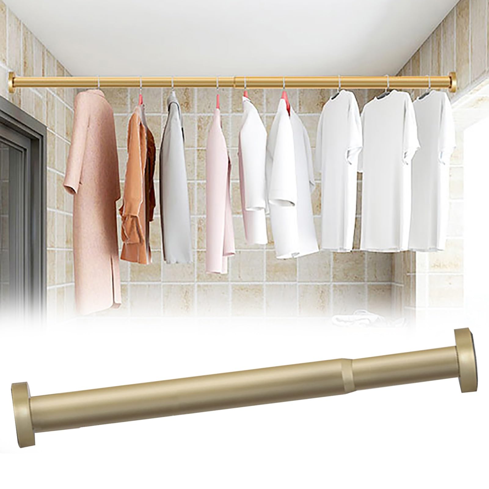 Aluminium Alloy Telescopic Hanger Rod for Wardrobe Closet, Cloakroom Clothes Hanging Rail Bar, Bedroom Balcony Patio Garment Organizer Rack(Gold,120-220cm)
