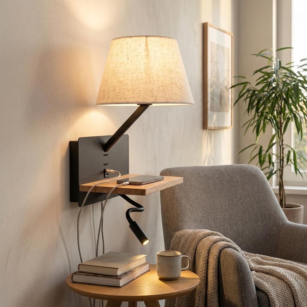 BARCELONA LED Applique da parete “Artin USB+USBC” con paralume E27, faretto LED orientabile 3W, mensola in legno e design moderno per camera da letto, testiera e hotel, Nero